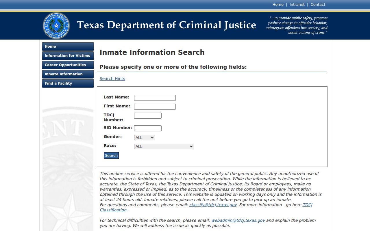TDCJ state custody search for Blanco County criminal records